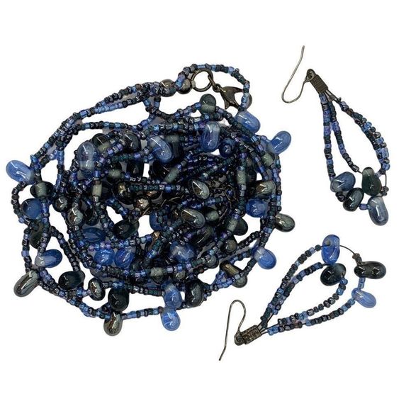 Beaded Necklace Earring Set Faux Lapis Nugget Blue Multi-strand Fashion Lot 0351 - Picture 10 of 13